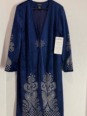 Ashro Navy Blue Long Embellished Open Coat Sz XL